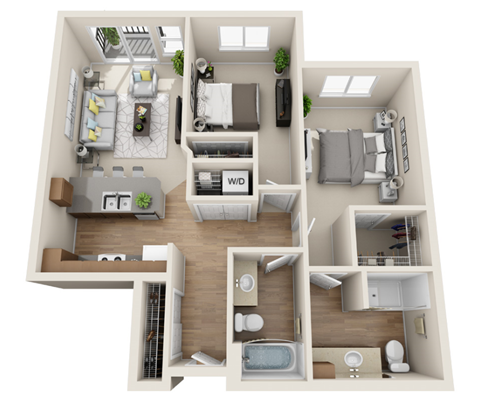 Floor plan for 2 beds, 2 baths, 958 sqft